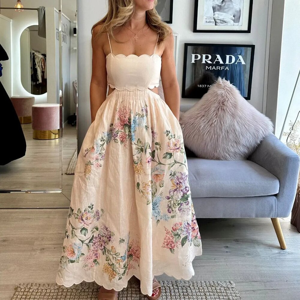 ZIMMERMANN Halliday Linen Scalloped Midi Dress